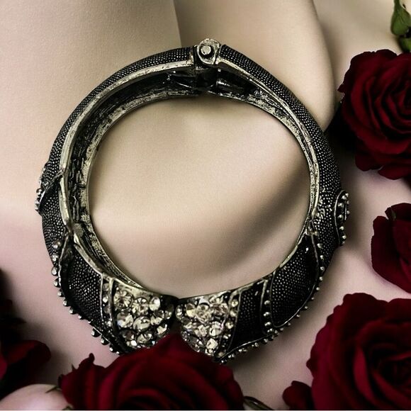 Vintage Rhinestones and Silvertone Statement Fashion Wide Cuff Bracelet - Picture 4 of 6